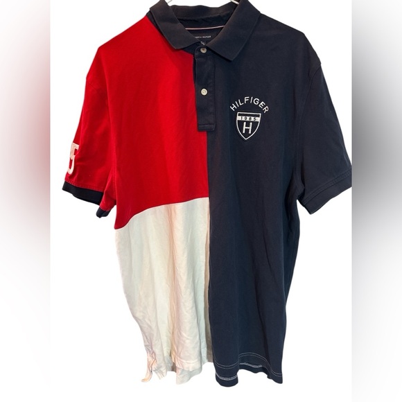 Tommy Hilfiger 85 Polo Sz XL Color Block Short Sleeve Mens Shirt Red White Blue - Picture 1 of 8